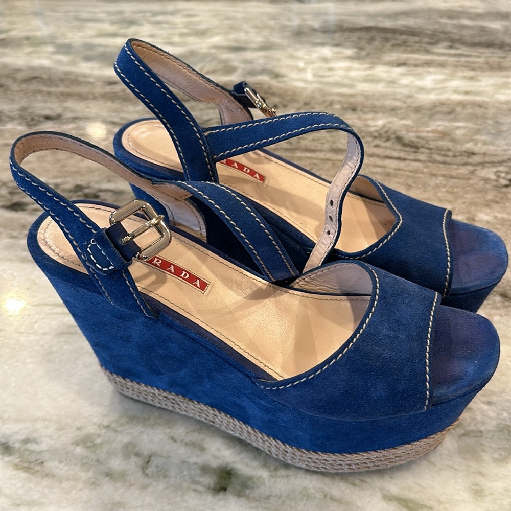 Prada Sports Suede Espadrilles sandals navy , platform, Mary lane strap & buckle - Picture 4 of 7